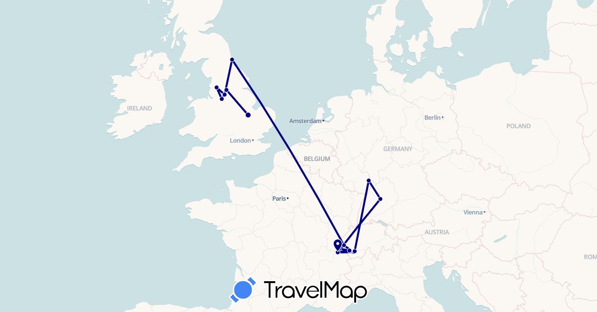 TravelMap itinerary: driving in Switzerland, Germany, United Kingdom (Europe)